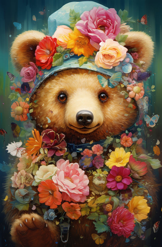 Luxury AB Velvet Diamond Painting Kit -  Bear surrounded by flowers