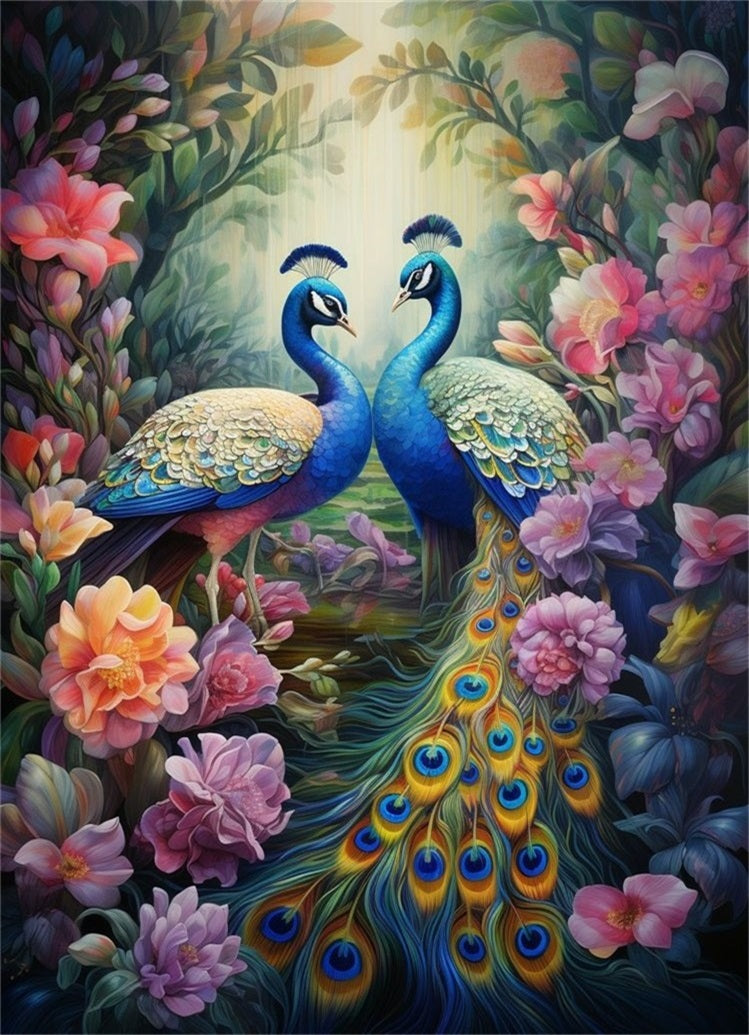 Luxury AB Velvet Diamond Painting Kit - peacock among flowers