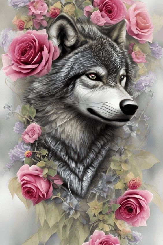 Luxury AB Velvet Diamond Painting Kit -  Wolf among flowers