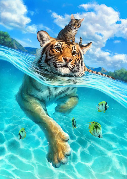 Luxuriöses AB-Samt-Diamant-Malset – Tiger und Katze spielen im Wasser