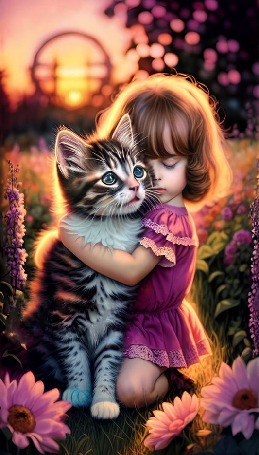 Luxury AB Velvet Diamond Painting Kit -  little girl and cat