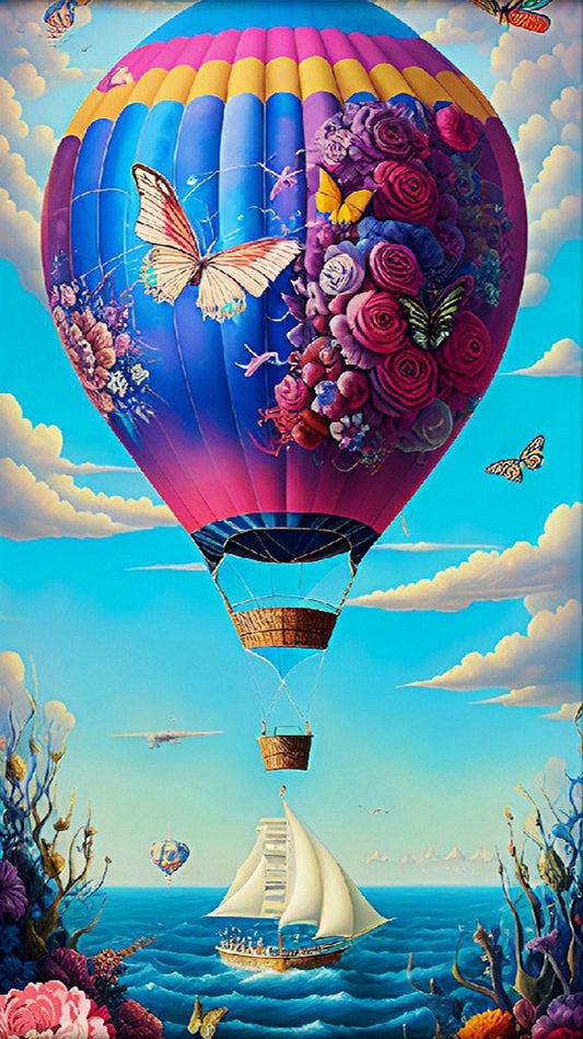 Luxury AB Velvet Diamond Painting Kit -  Ocean, boat, hot air balloon