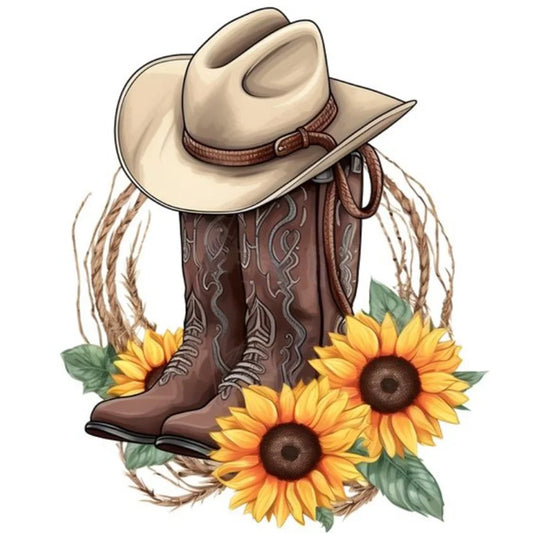 Cowboy hat and boots and sunflowers