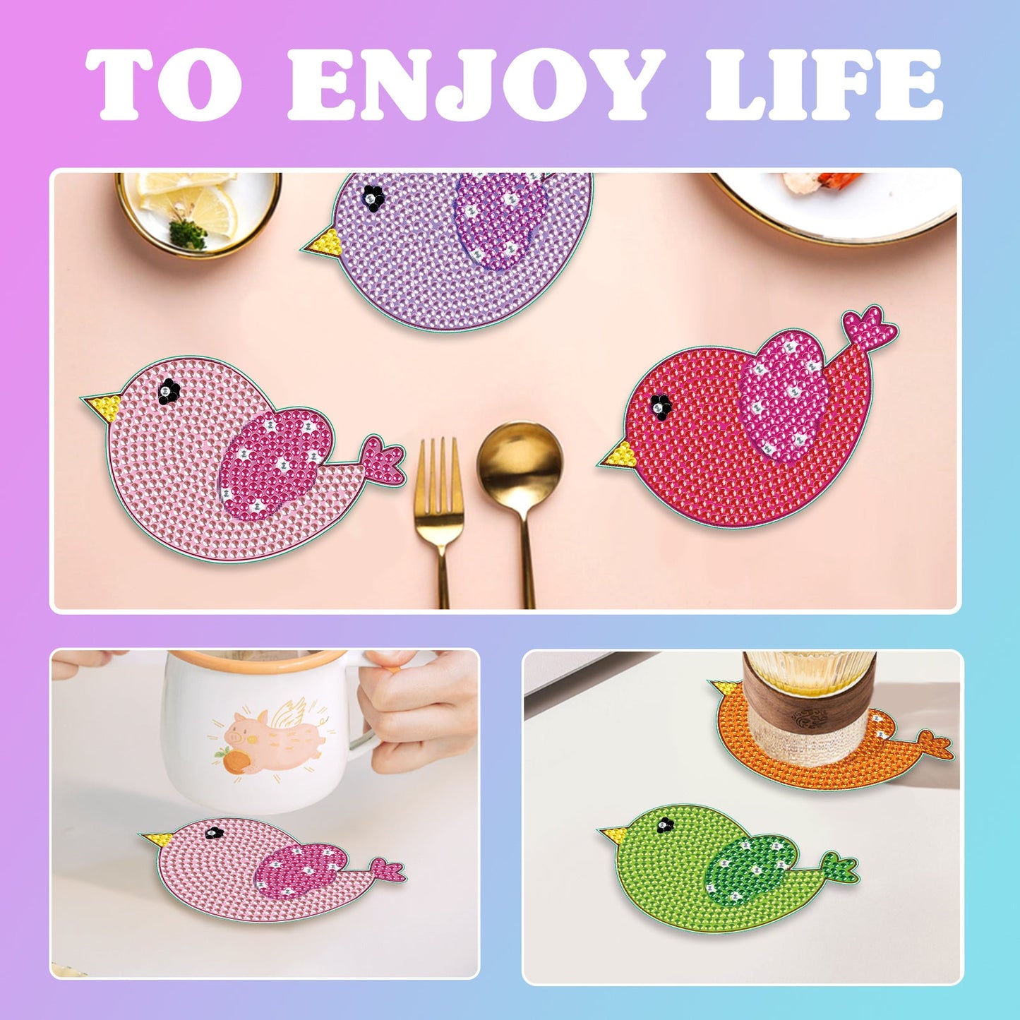 8 pcs set DIY Special Shaped Diamond Painting Coaster | bird