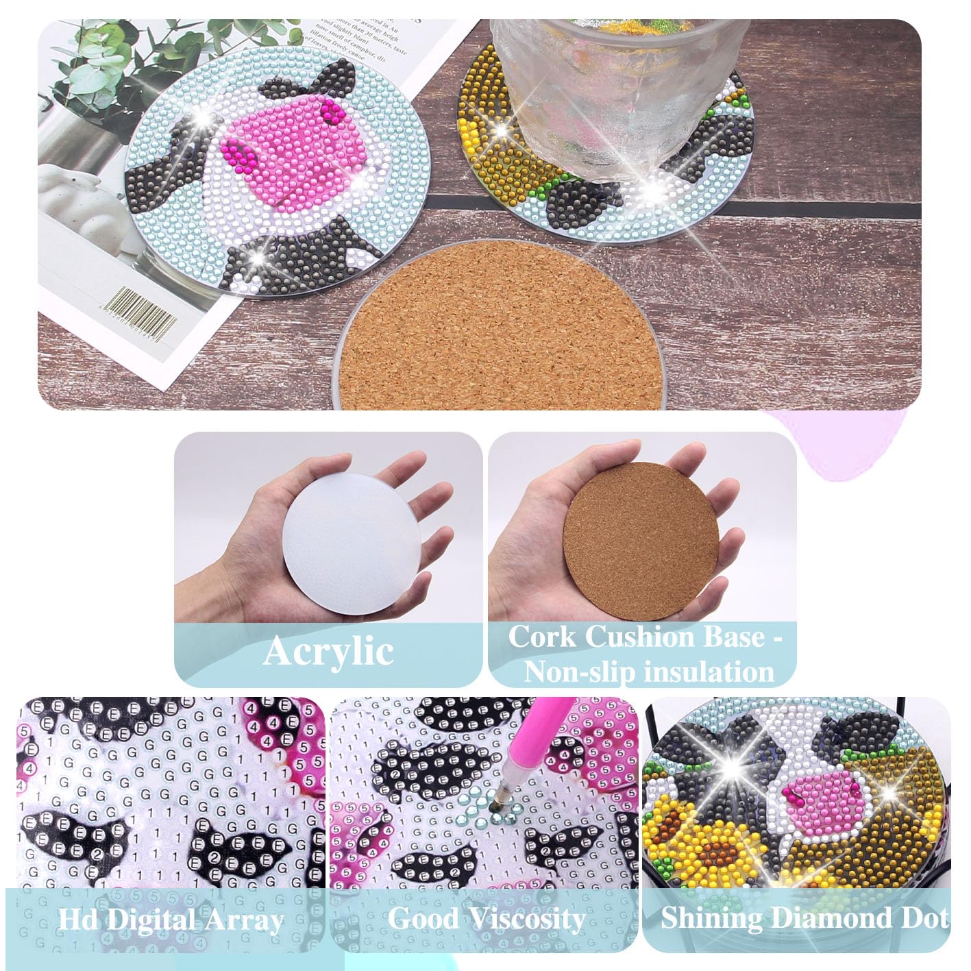 6 pcs set DIY Special Shaped Diamond Painting Coaster | the cow （single sided）