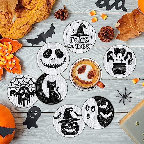 8 pcs set DIY Special Shaped Diamond Painting Coaster | halloween(without stand)