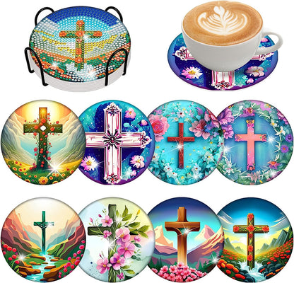 8 pcs set DIY Special Shaped Diamond Painting Coaster    | cross （no holder）