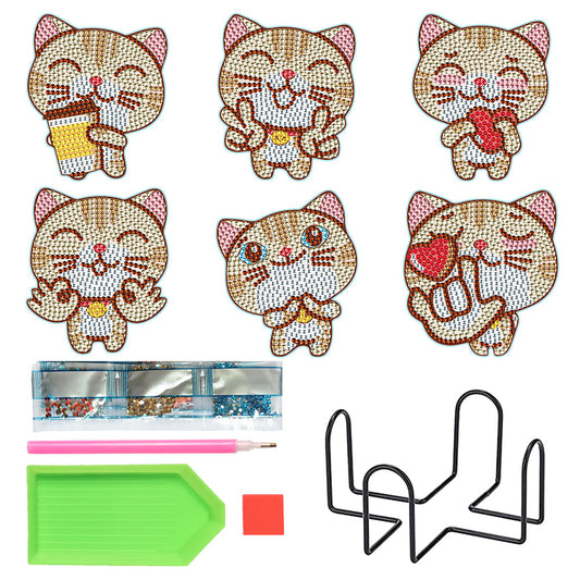 6 pcs set DIY Special Shaped Diamond Painting Coaster | cat