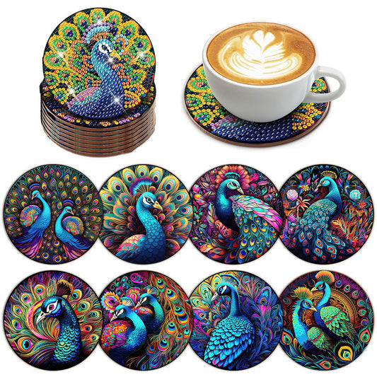 8 pcs set DIY Special Shaped Diamond Painting Coaster  | Peacock （no holder）