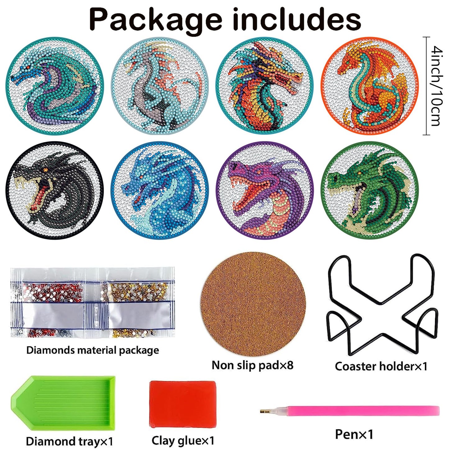 8 pcs set DIY Special Shaped Diamond Painting Coaster  |  dragon （no holder）