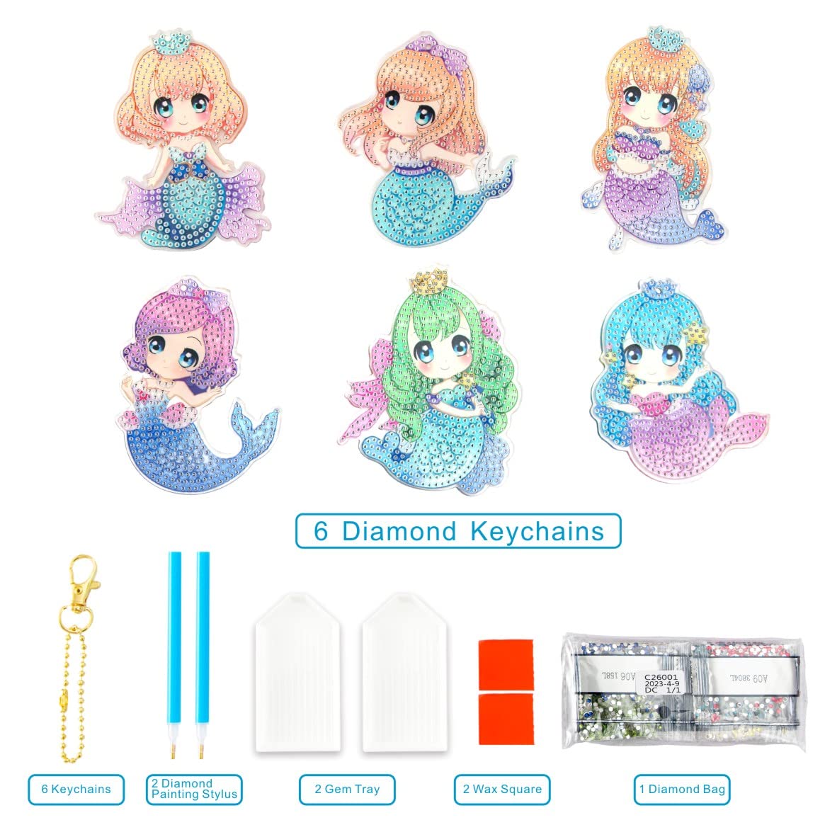 6 pcs DIY Diamond Painting Keychain  | Mermaid（single sided）