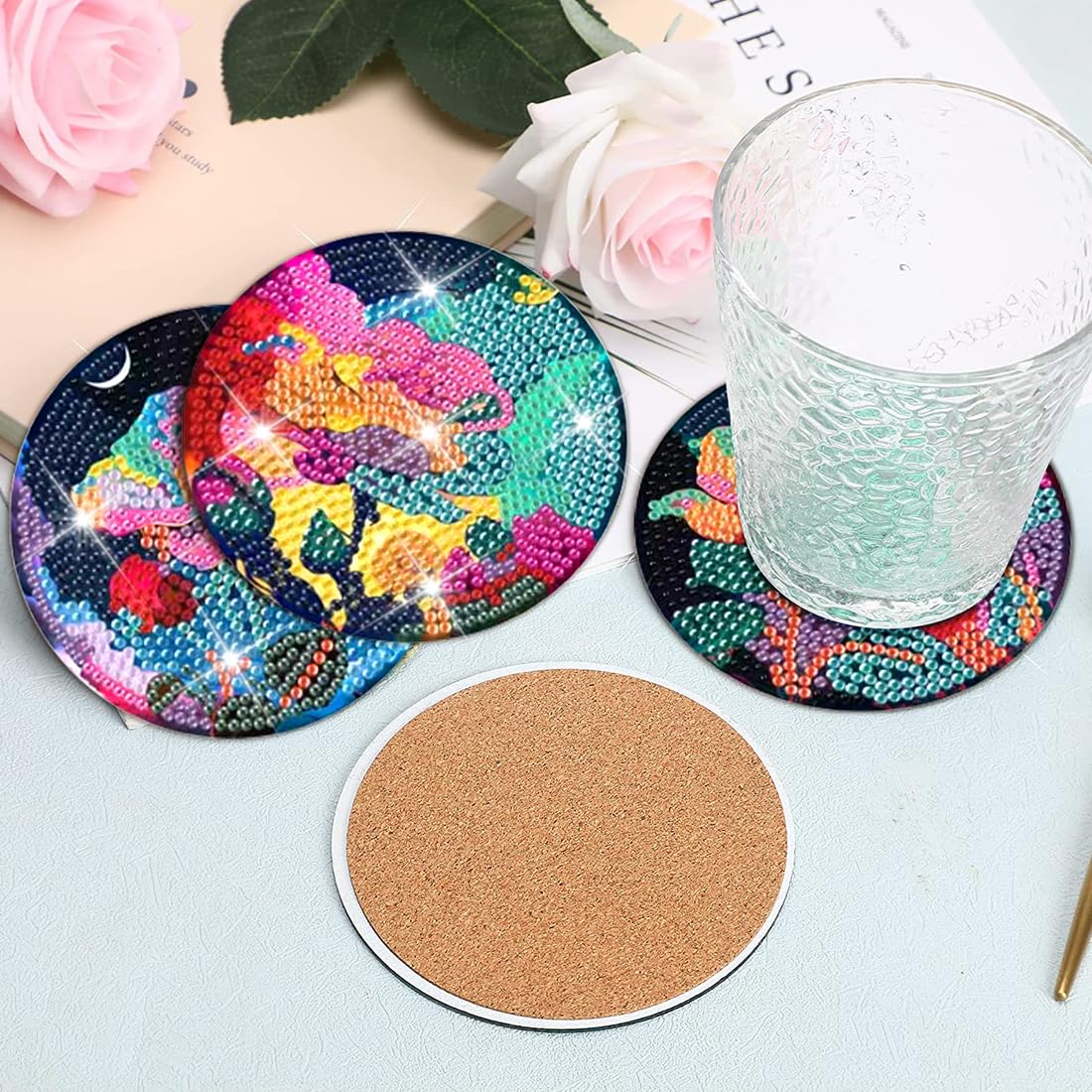 8 pcs set DIY Special Shaped Diamond Painting Coaster  |   flower（no holder）