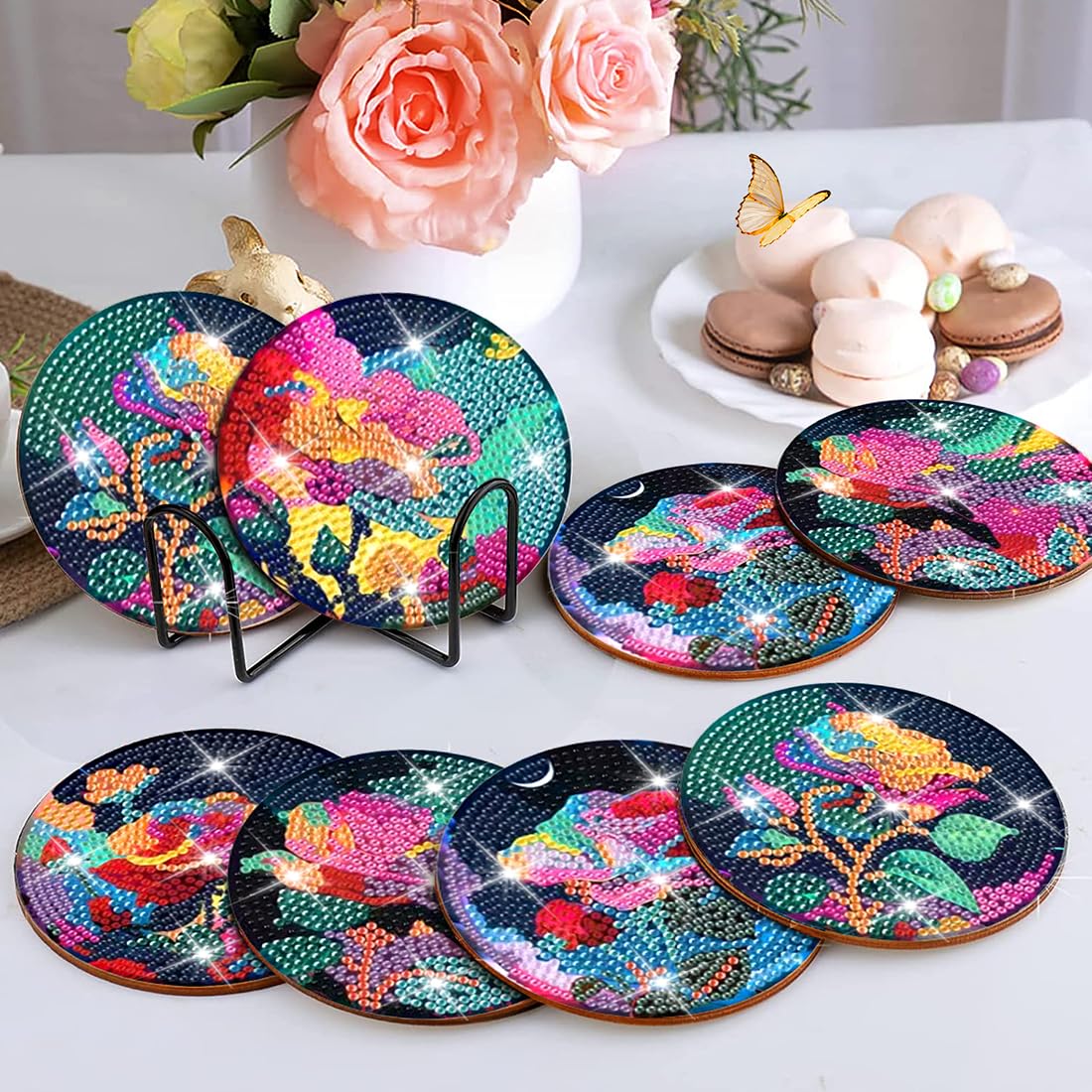 8 pcs set DIY Special Shaped Diamond Painting Coaster  |   flower（no holder）