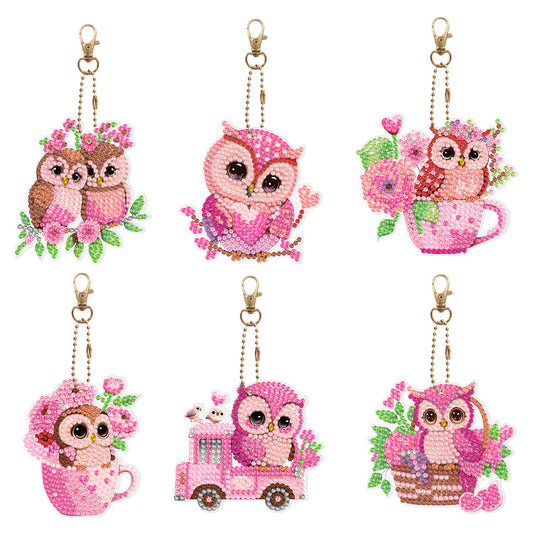 6 pcs DIY Diamant Peinture Porte-clés | Hibou rose